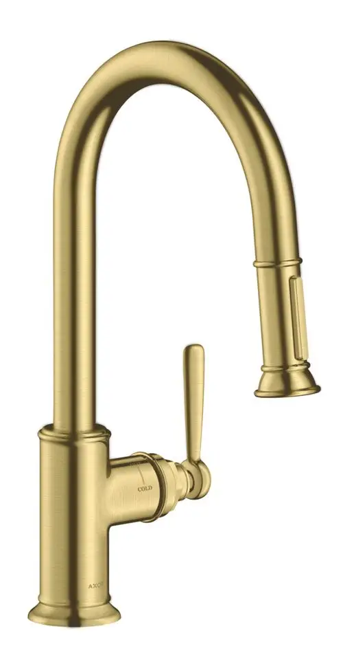 Einhebel-Küchenmischer mit einem geschwungenen Auslauf und seitlichem Hebel, in gebürstetem Messing-Finish, von der Marke AXOR.